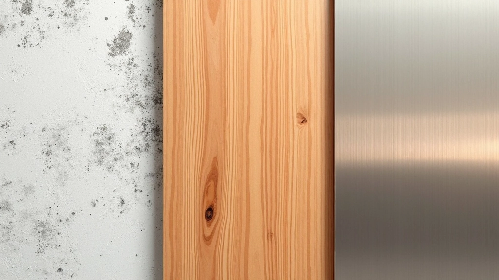 Detail shot of material pairing showing concrete surface next to wooden element and metal fixture in close proximity