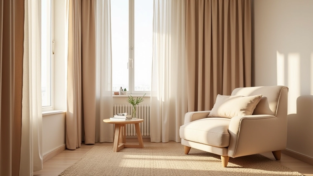 Bedroom with soft velvet upholstery, natural linen curtains, and woven area rug showing tactile material combinations