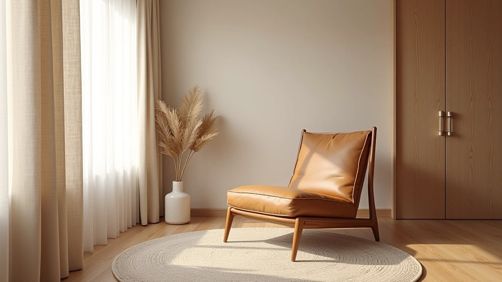 Interior design showing mixed textures including smooth leather armchair, woven rug, and natural linen curtains in coordinated neutral tones