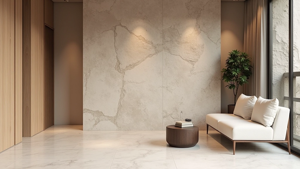 Interior design showing balanced texture composition with three distinct surface finishes arranged in a living space