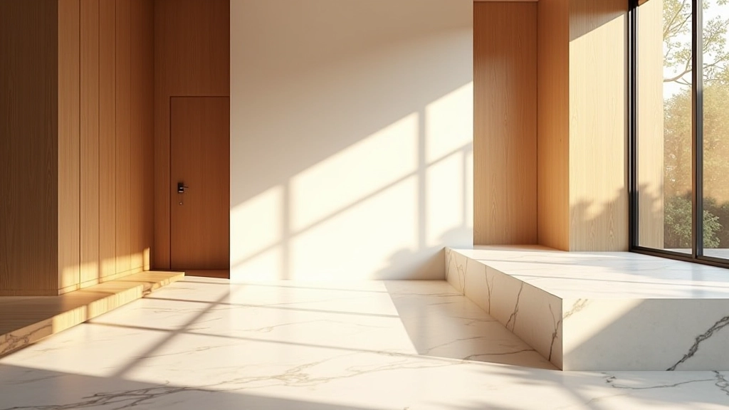 Modern interior space with marble and wood materials lit by warm natural light from windows