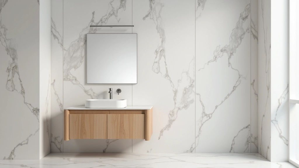 Modern bathroom interior with marble wall cladding and wood vanity cabinet showing proper material balance
