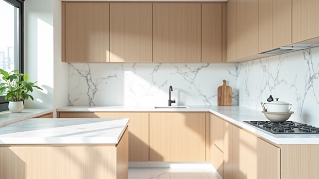 Interior kitchen showing white marble countertops paired with natural wood cabinetry in a modern design