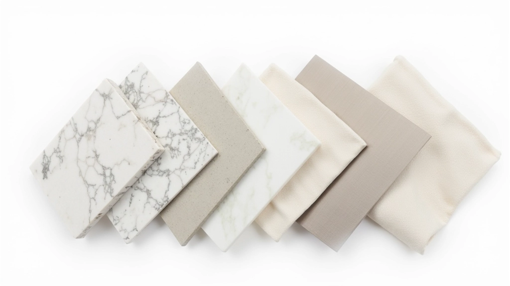 Collection of material samples showing different surface finishes: rough concrete, polished marble, matte ceramic, and soft fabric