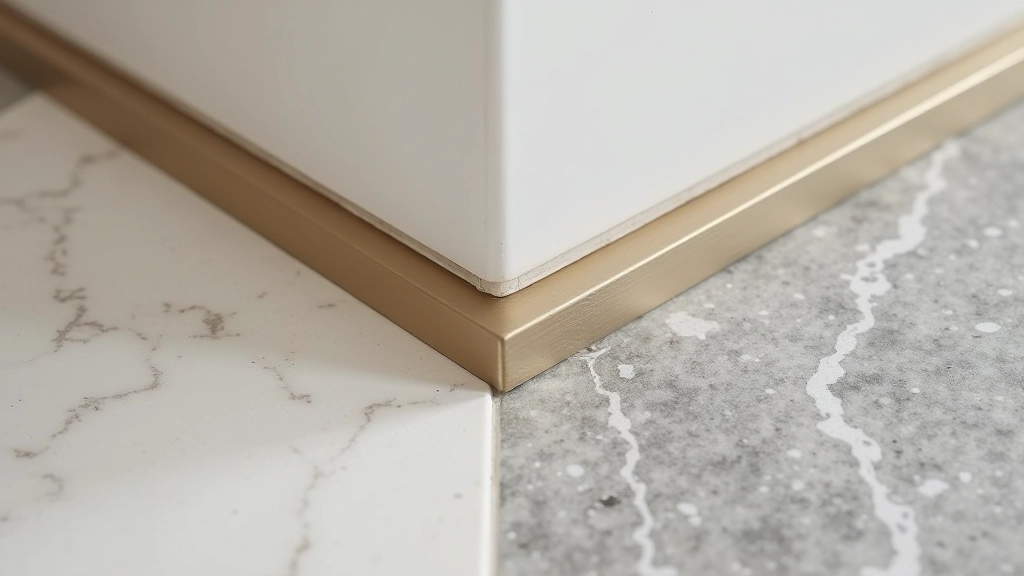 Close-up detail of tile and stone edge transition with metal trim, showing professional finishing technique